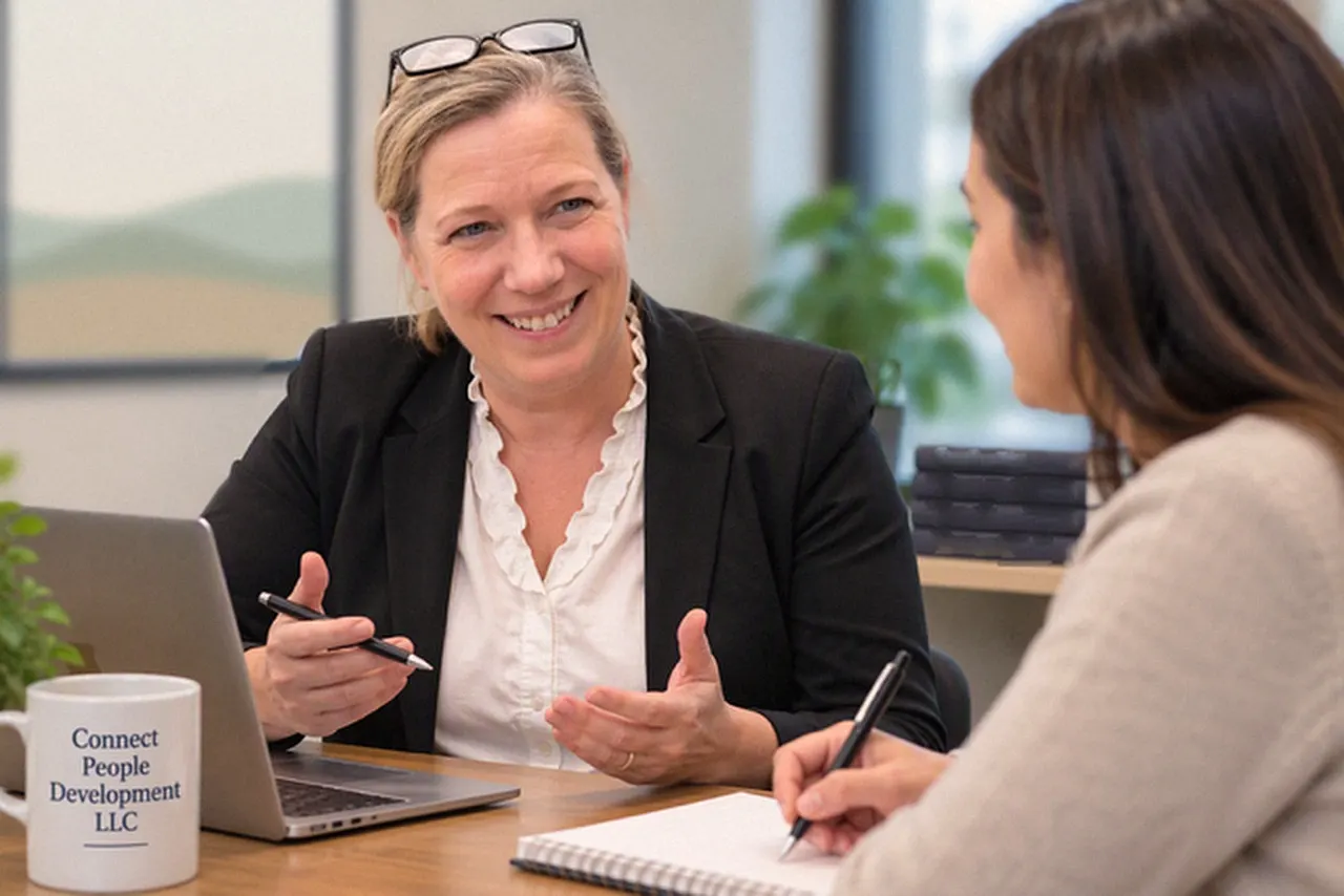 Anna-Karin Liljas smiling and talking with a client across a table while the client takes notes.